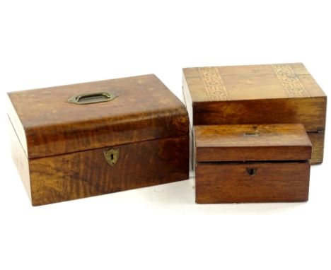 Three 19thC boxes, a rosewood tea caddy, a walnut and parquetry writing box, and a jewellery box.