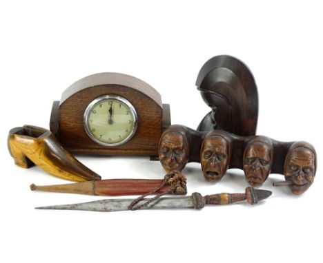 Various treen etc., to include an ashtray, oak mantel clock, 15cm H, carved mask coat hanger etc. (a quantity)