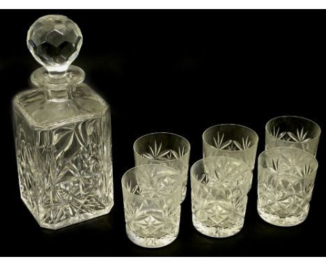A set of six Webb Continental hand cut glass tumblers, in original box and a square section decanter in original box.
