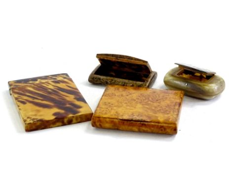 A Victorian tortoiseshell veneered card case, a burr wood snuff box, a horn snuff box etc.
