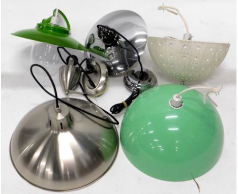 *A quantity of as new hanging ceiling lights, to include a green enamel light fitting, brushed stainless steel light fitting 