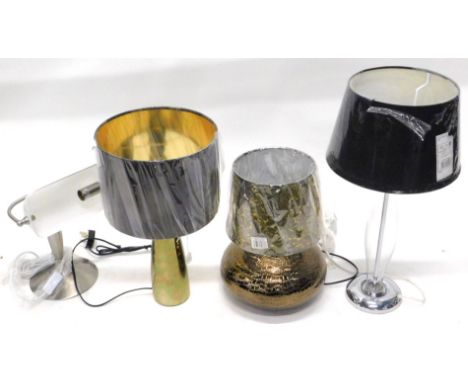 *Four as new table lamps, to include a desk lamp with a clear glass shade, and a bronzed pottery lamp base.