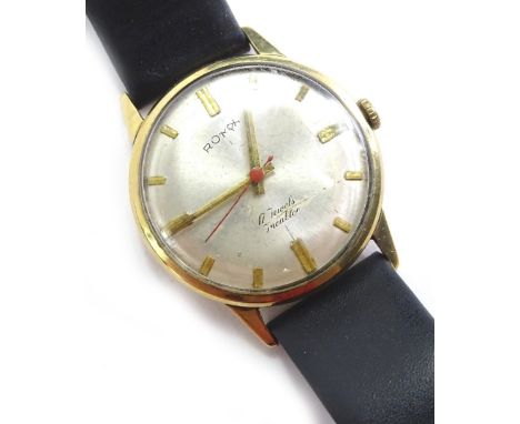 A Rotary gents wristwatch, with 17 dual movement, yellow metal back, unmarked, on a later black leather strap, boxed.
