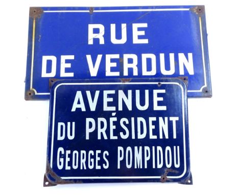 An early 20thC enamel sign Rue de Verdun, in white lettering on blue ground, 55cm W, and another. (2)