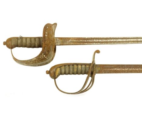 Two officers type swords, each with a pierced guard and shagreen handle, lacking scabbards, (AF), 93cm L, and a seperate scab