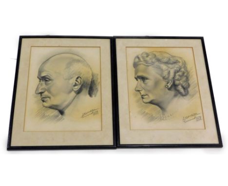 Mid 20thC School. Portrait of a gentleman and lady, pastel, indistinctly signed and dated 1959, 40cm x 29cm.