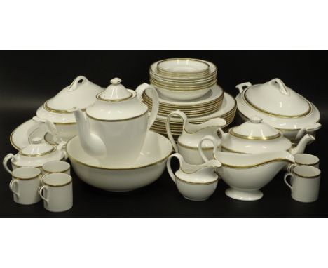 A Spode eternity gold part dinner service, to include pair of lidded tureens, 30cm W, coffee pot, serving bowl, oval meat pla