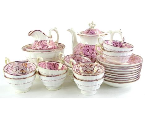 A 19thC Staffordshire pink lustre part tea service, to include teapot 23cm H, milk jug, slop bowl, sugar bowl, serving plate,