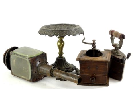 A collection of items, to include a Victorian iron trivet, a coffee grinder, coaching lamp and a flat iron, various sizes, 35