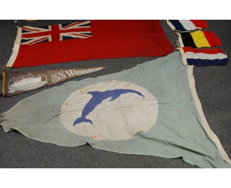 Flags - a collection of maritime flags, to include: house pennant a blue dolphin naiant on white target, background, light bl