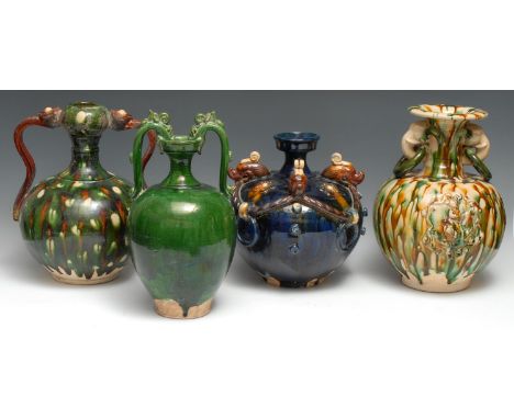 A Chinese spinach and egg ovoid vase, in the Archaic manner, ring handles to neck, 33cm high; others, various forms and glaze