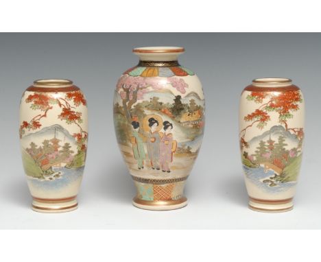 A Japanese Satsuma ovoid vase, typically painted and gilt with geishas in a landscape, 18.5cm high, character mark, first-hal