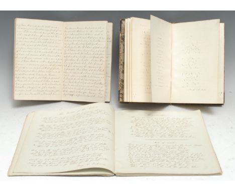 A 19th century ink manuscript commonplace book, dated 1845, 'topsy-turvy' inscribed with 102pp of selections from belles-lett