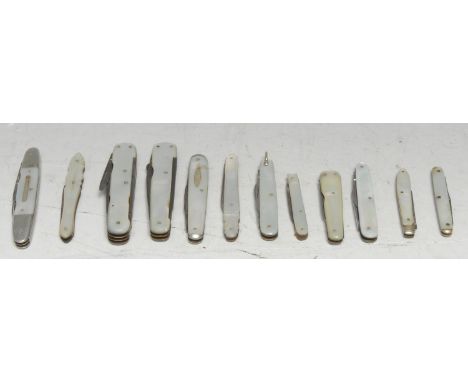 Machirology - a 19th century mother of pearl multi-tool pocket knife, 5.5cm principal blade, with further blades, button hook