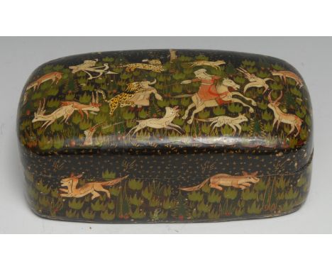 An Indian papier mache rounded rectangular pen box and cover, painted in the Persian taste with a hunting scene, 17.5cm wide 