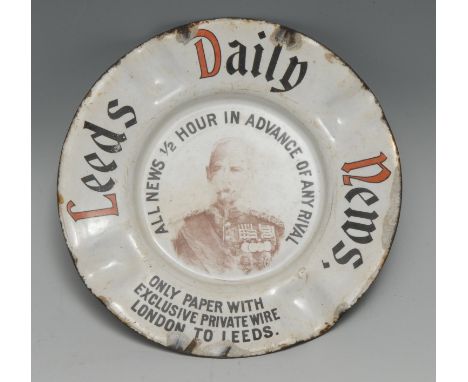 Advertising - an enamel ashtray, printed in the manner of a sign, Leeds Daily News, All News 1/2 Hour in Advance of Any Rival