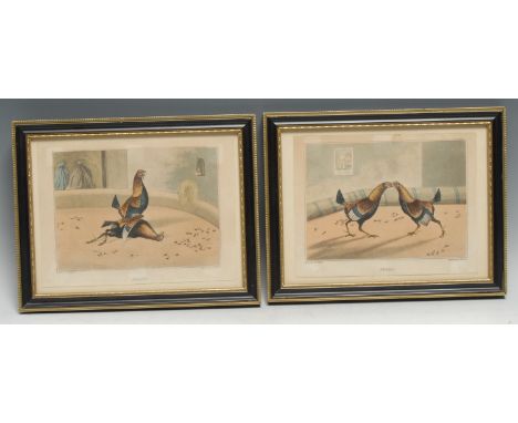 C R Stock, by, Henry Alken, after, a set of four cockfighting prints, Set Too, Fight, Throat and Death, coloured engravings, 