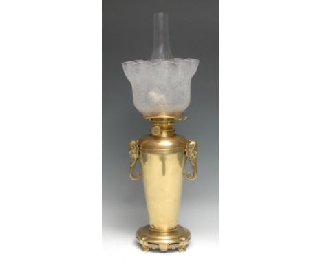 A Victorian Chinoiserie Hinks &amp; Son's Patent gilt brass slender ovoid oil lamp, twin elephant handles, Chinese design pie