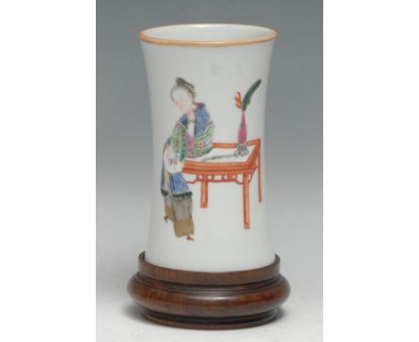 A Chinese flared cylindrical brush pot, painted in polychrome enamels with a scholar's table, 12.5cm high, red seal mark, har