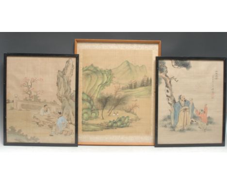 Chinese School (early 20th century)A pair, An Elder and a Young Body & Two Men at a Board Gamesigned, red seal marks, waterco