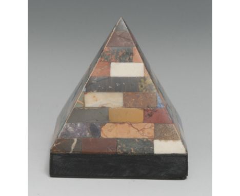 A pietra dura pyramidal desk weight, inlaid with malachite, lapis lazuli, amethyst quartz and other specimen stones, 11cm hig