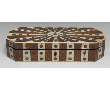 An early 19th century Anglo-Indian hardwood and ivory parquetry canted rectangular box, veneered with radiating and alternati