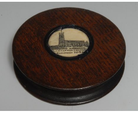 Treen - a 19th century salvaged oak waisted circular snuff box, the push-fitting cover centred by a roundel engraved with a n