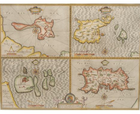John Speed (1552-1629), [The British Islands], four maps on one sheet: Holy Island, Farne Islands, Guernsey, and Jersey, firs
