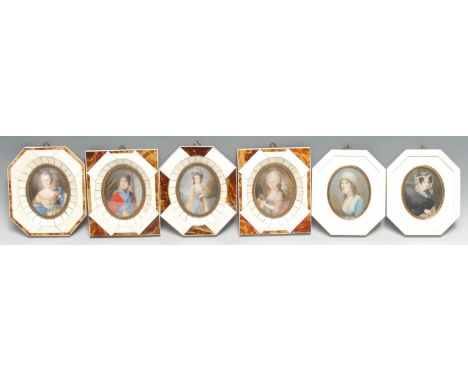 French School, a matched set of five portrait miniatures, of ladies of title, after the 18th century and early 19th century, 