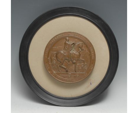 A William IV patinated patent seal cover, in relief with an equestrian portrait of the monarch, 14cm diam, mounted for displa