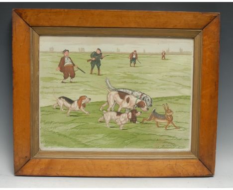 English School (early 20th century), Sex Appeal, a comical print shooting print with hounds and a hare, titled in pencil, Cop