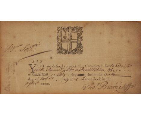 Political and Legal History - City of London - a George I summons, printed and completed in handwritten manuscript, Sir, You 