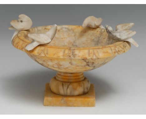 A 19th century Grand Tour Sienna marble model, of the Capitoline Doves or Doves of Pliny, the saucer shaped pedestal urn with