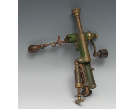 Shooting - a 19th century Bartram's patent type bench-mounting 12-bore shotgun cartridge loader, brass fittings, turned handl