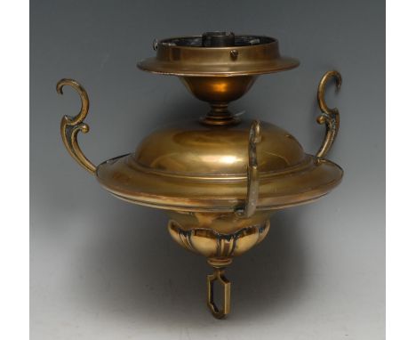 An Art Nouveau brass saucer-shaped light fitting, domed fluted cresting, sinuous scroll branches, fitted for electricity, 20c