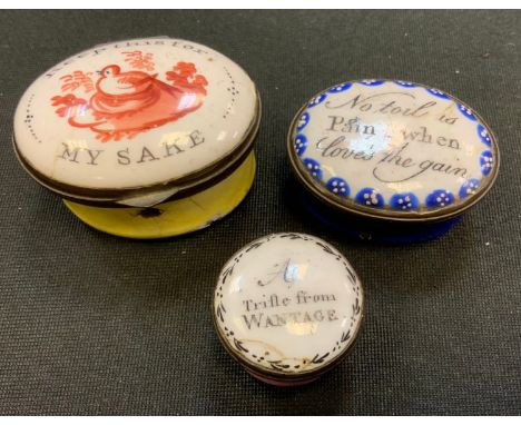 A George III South Staffordshire enamel oval patch box, the hinged cover painted with a nesting bird in sepia and inscribed K
