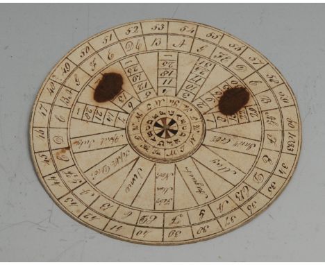 A William IV ink manuscript perpetual calendar, inscribed on card, revolving centre, marked out from 1833 to 1860, 7.5cm diam