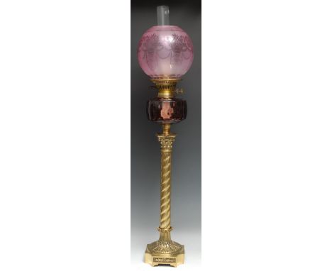 A large Victorian gilt brass and glass oil lamp, by Sherwoods Ltd of Birmingham, Composite capital, Solomonic column, lotus s