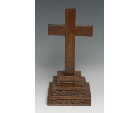 The Cult of King Edmund - a Victorian salvaged oak relic cross, the stepped base carved with an arrow and inscribed AD870, Th