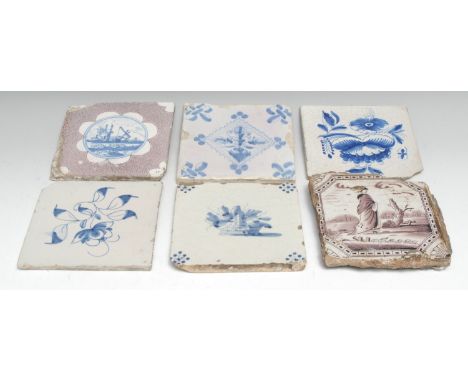 An English Delft square tile, probably Wincanton, painted in underglaze blue with a rural landscape, manganese purple ground,