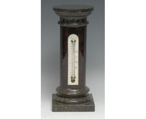 A late 19th century Cornish serpentine Doric column mantel thermometer, the ivorine scale inscribed Bradbury, Penzance, squar