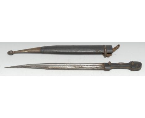 A Caucasian qama dagger, 29.5cm fullered blade with traces of damascening, two-piece hardwood grip, leather scabbard, 43.5cm 