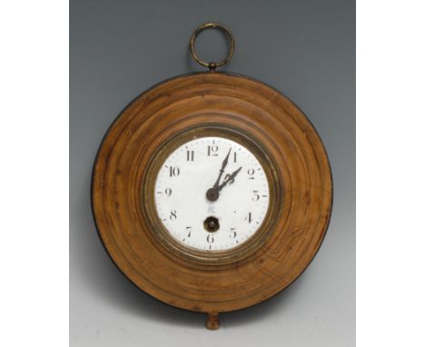A 19th century toleware sedan timepiece, 8.5cm circular enamel clock dial inscribed with Arabic numerals, stepped faux-timber