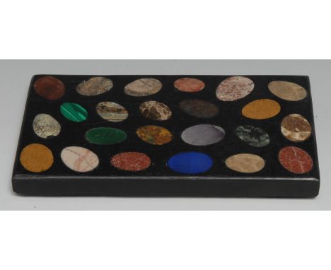 A pietra dura rectangular deskweight, inlaid in amethyst quartz, malachite, lapis lazuli and various decorative stones in egg