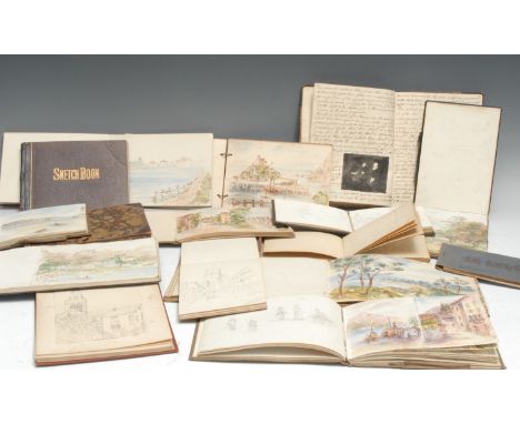 A collection of 19th century and later commonplace and sketch books, filled and partially filled with verse, watercolour stud