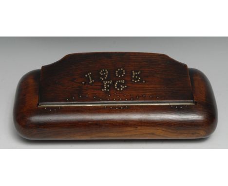 Treen - an unusual oversize elm rounded rectangular snuff box, possibly a tobacconist's shop display, the hinged cover initia