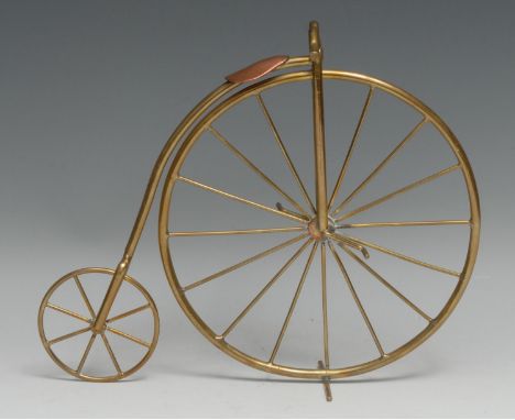Cycling - a brass and copper desk model, of a penny farthing or ordinary bicycle, 22cm high 