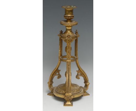 A 19th century Neo-Classical gilt metal candlestick, campana sconce, acanthus-grasped central pillar flanked by three scroll 