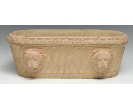 A Grand Tour style stone cistern or trough, carved after the Roman with lion masks, 46cm wide 