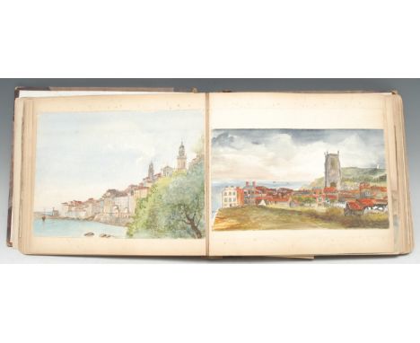 A late Victorian/Edwardian gentleman's album, illustrated by George, comprising architectural sepia photographic prints and w